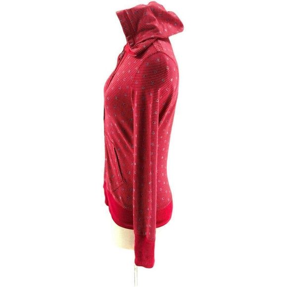 e Womens Sweater Small Red Full Zip Hoodie Hearts Print Drawstring Neck Pockets - Picture 5 of 12